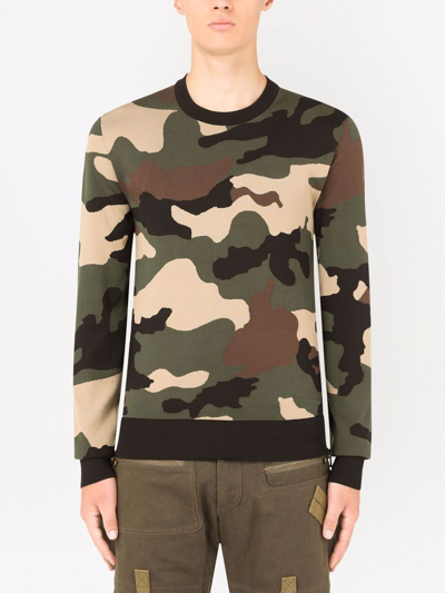 Dolce & Gabbana Silk Round-neck Sweater With Camouflage Intarsia In Green