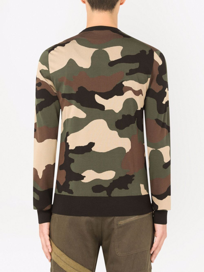 Dolce & Gabbana Silk Round-neck Sweater With Camouflage Intarsia In Green