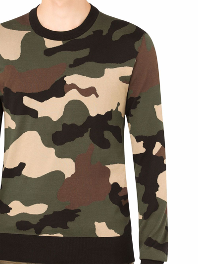 Dolce & Gabbana Silk Round-neck Sweater With Camouflage Intarsia In Green