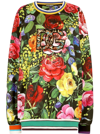 Dolce & Gabbana Floral Bouquet-print Logo Patch Oversized Sweatshirt In  Multicolor