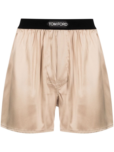 Shop Tom Ford Logo-waist Silk Boxers In Neutrals