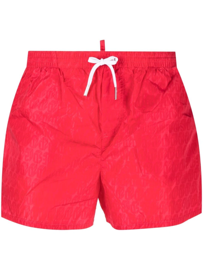 Shop Dsquared2 Monogram Drawstring-waist Swim Shorts In Red