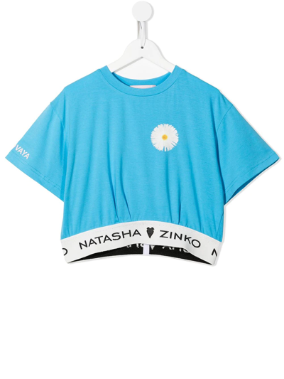 Shop Natasha Zinko Teen Cropped Floral-print T-shirt In Blue