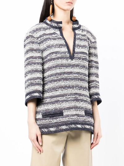 Pre-owned Chanel Striped Tweed Blouse In Blue