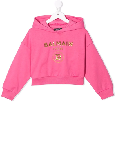 Shop Balmain Cropped Sequin-logo Hoodie In Pink