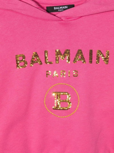 Shop Balmain Cropped Sequin-logo Hoodie In Pink