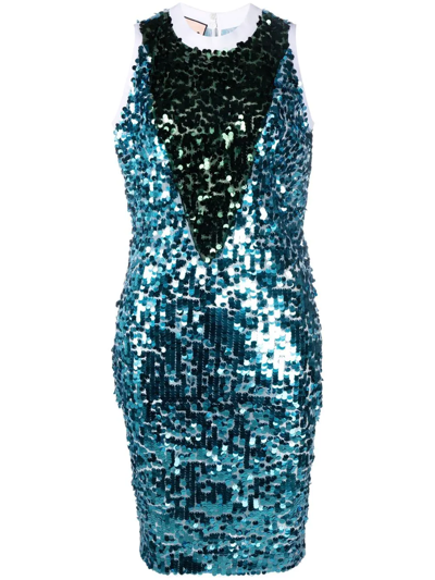 Shop Plan C Colour-blocked Sequin Sleeveless Dress In Blue