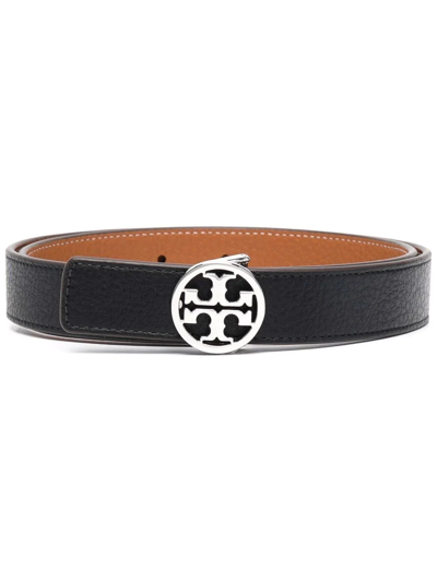 Shop Tory Burch Logo-buckle Reversible Leather Belt In Black