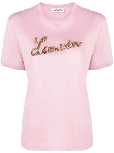 Shop Lanvin Crystal-embellished Logo Cotton T-shirt In Pink