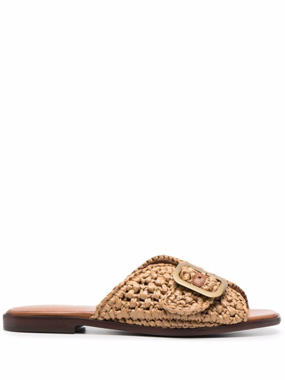 Shop Tod's Raffia Flat Sandals In Brown