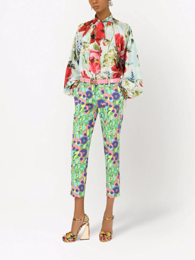 Dolce & Gabbana Habotai Shirt With Pictorial Garden Print In Blau