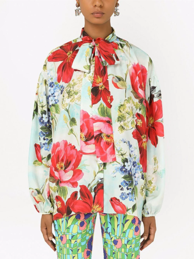 Dolce & Gabbana Habotai Shirt With Pictorial Garden Print In Blau