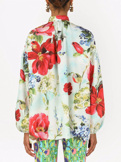 Dolce & Gabbana Habotai Shirt With Pictorial Garden Print In Blau