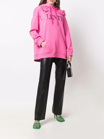 Shop Valentino Floral-appliqué Logo-embroidered Hoodie In Pink