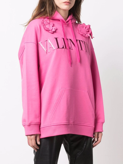 Shop Valentino Floral-appliqué Logo-embroidered Hoodie In Pink