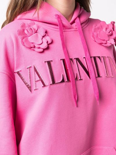 Shop Valentino Floral-appliqué Logo-embroidered Hoodie In Pink