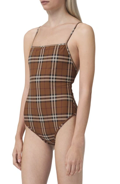 Shop Burberry Delia Check One-piece Swimsuit In Dark Birch Brown Ck