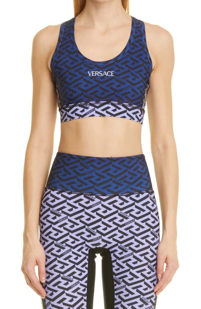 Versace Greca-print Colour-block Sports Bra In Lilac+blue