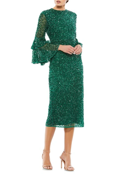 Shop Mac Duggal Beaded Bell Sleeve Midi Dress In Deep Emerald