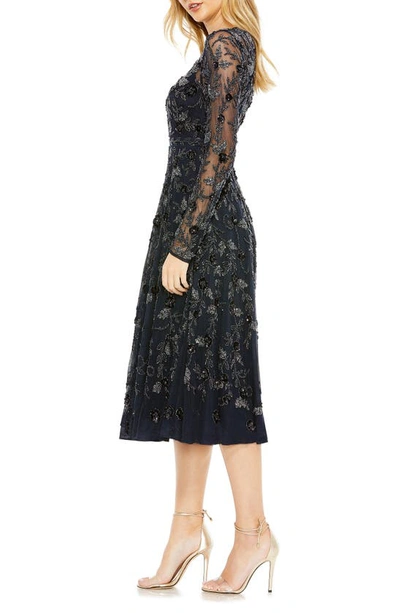 Shop Mac Duggal Beaded Floral Long Sleeve Cocktail Midi Dress In Navy