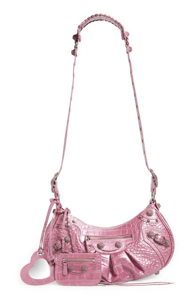Balenciaga: Pink Croc Small 'Le Cagole' Shoulder Bag