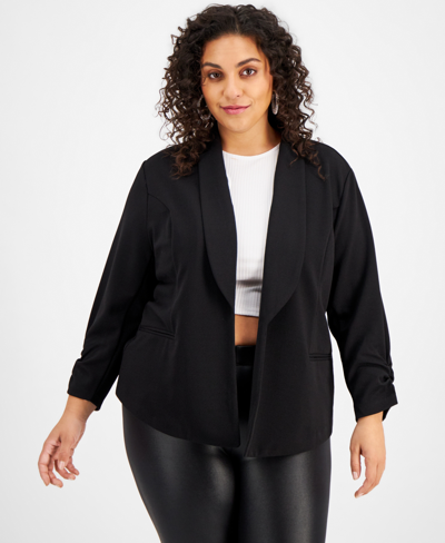 Shop Bar Iii Trendy Plus Size Knit Drape-front Blazer, Created For Macy's In Deep Black