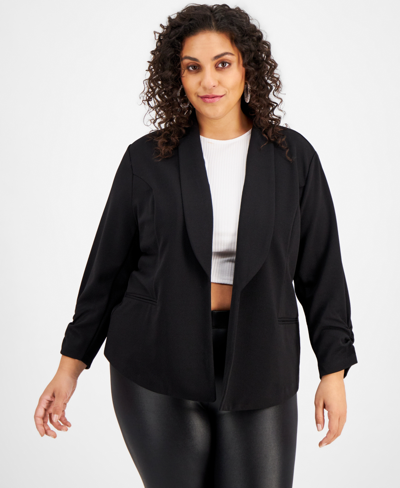Bar Iii Trendy Plus Size Knit Drape-front Blazer, Created For Macy's In Deep Black