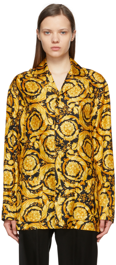 Shop Versace Black Barocco Pyjama Shirt In A7900 Gold + Print