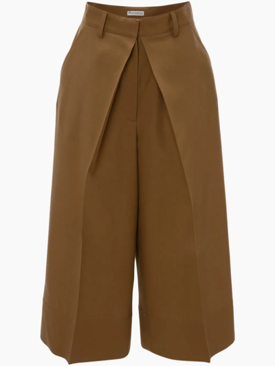 Shop Jw Anderson Pleat Front Wide Leg Cropped Trousers In Brown