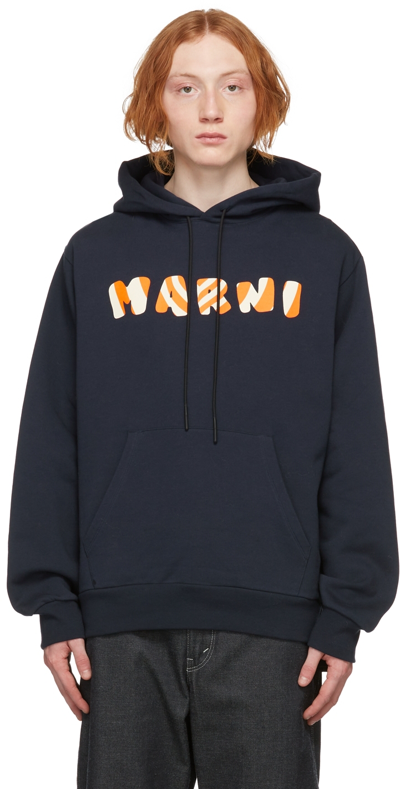 Shop Marni Navy Graphic Logo Hoodie In Lob99 Black*