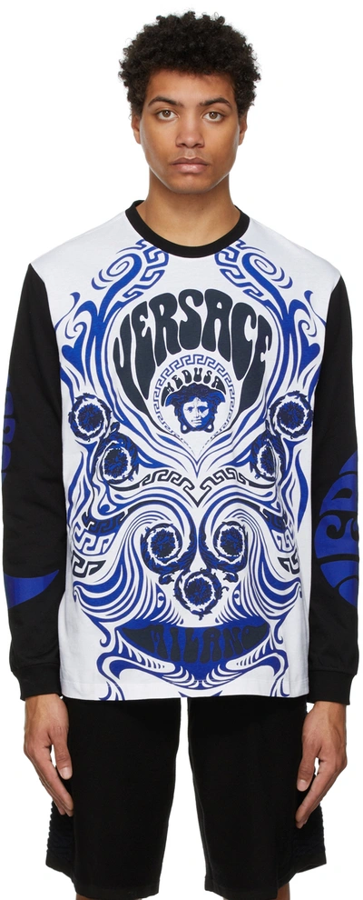 Shop Versace White & Black Medusa Music Long Sleeve T-shirt In 2w580 Bianco+stampa
