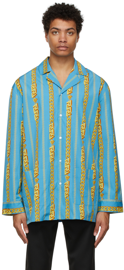 Shop Versace Blue Chain Print Pyjama Top In 5v110 Sky+gold