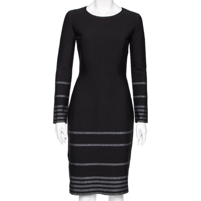 Pre-owned Saint Laurent Black Wool & Lurex Striped Long Sleeve Dress S
