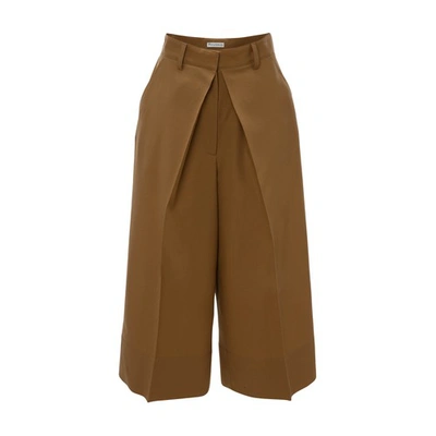 Shop Jw Anderson Pleat Front Wide Leg Cropped Trousers In Camel