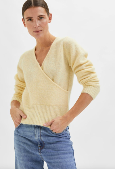 Selected Femme Sia Ls Wrap Knit V-neck In Yellow | ModeSens