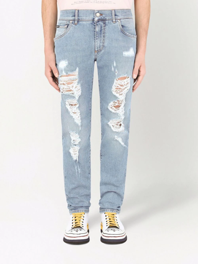 Shop Dolce & Gabbana Distressed Straight-leg Jeans In Blue