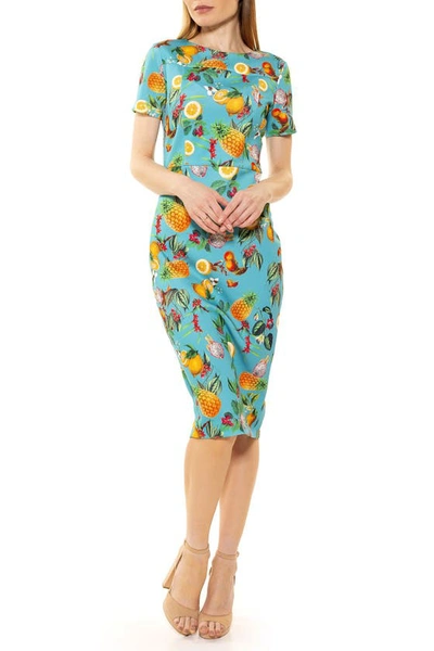 Shop Alexia Admor Scuba Midi Sheath Dress In Turquoise W/ Pineapple