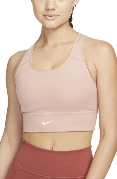 Shop Nike Dri-fit Swoosh Padded Longline Sports Bra In Rose Whisper/ White