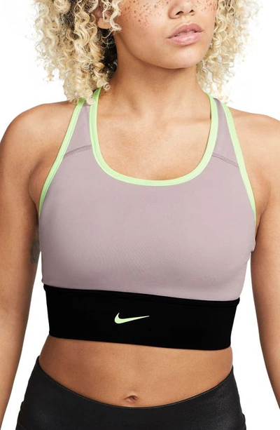 Shop Nike Dri-fit Swoosh Padded Longline Sports Bra In Plum Fog/ Black/ Lime Glow