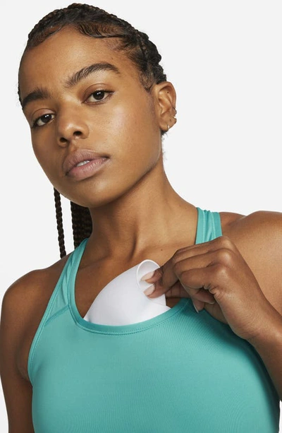 Shop Nike Dri-fit Swoosh Padded Longline Sports Bra In Washed Teal/ White
