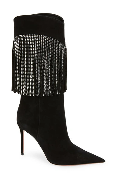 Shop Amina Muaddi Lily Crystal Fringe Stiletto Boot In Suede Black/ White Crystals