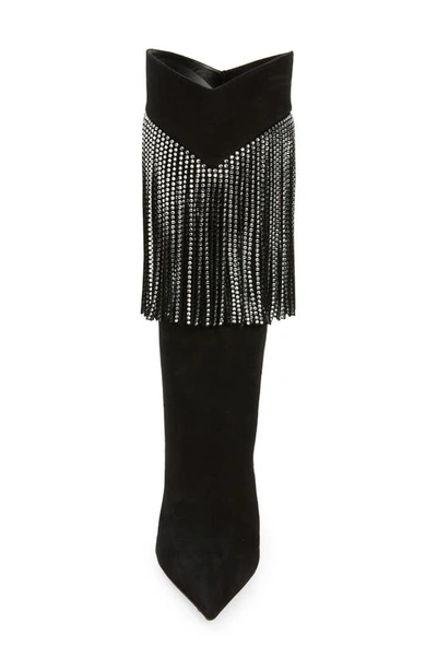 Shop Amina Muaddi Lily Crystal Fringe Stiletto Boot In Suede Black/ White Crystals