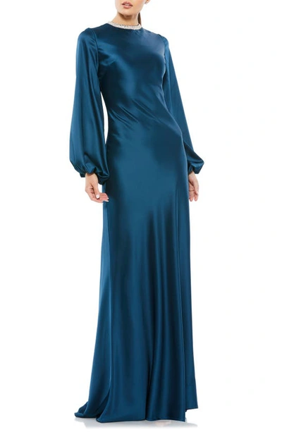 Shop Mac Duggal Long Sleeve Satin Sheath Gown In Sapphire