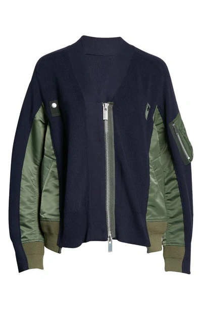 Sacai Wool Knit X Nylon Twill Cardigan In Navy