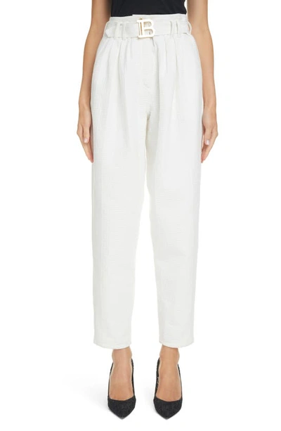 Shop Balmain High Waist Monogram Jacquard Belted Pants In Blanc