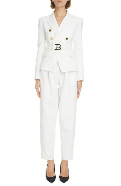 Shop Balmain High Waist Monogram Jacquard Belted Pants In Blanc