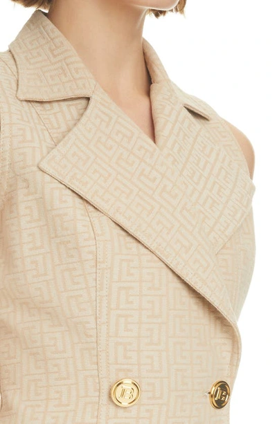 Shop Balmain Monogram Jacquard Double Breasted Wool Minidress In Gid Nude Clair/ Blanc