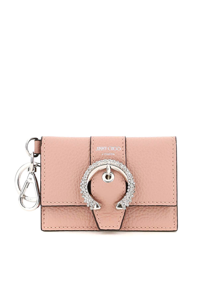 Shop Jimmy Choo Flap Cardholder With Crystal Buckle In Blossom Silver (pink)