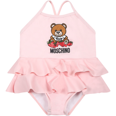 Shop Moschino Pink Swimsuit For Baby Girl With Teddy Bear