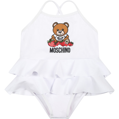 Shop Moschino White Swimsuit For Baby Girl With Teddy Bear